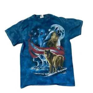 Delta VTG Cabincore Whimsigoth Grunge SceneBrown Wolf American Flag Tshirt SzM